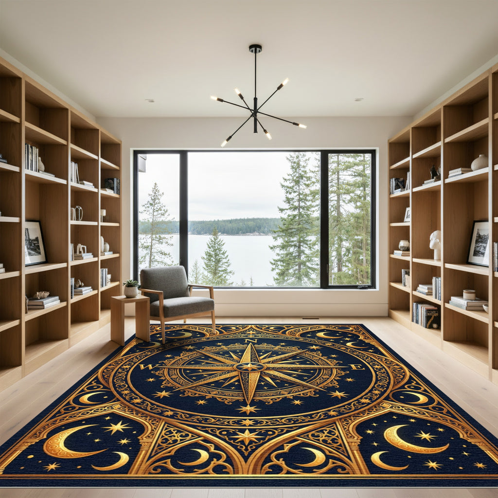 Celestial Gold Compass Navy Starry Night Rug