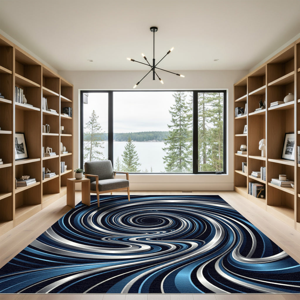 Modern Metallic Blue Swirling Vortex Rug
