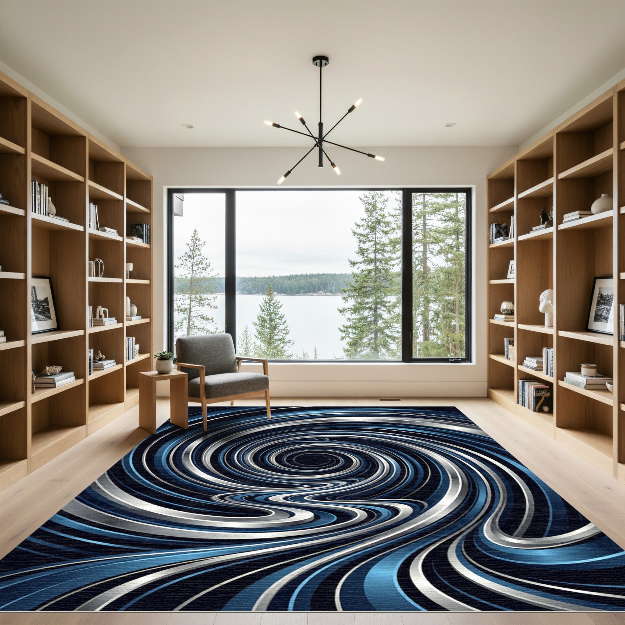 Modern Metallic Blue Swirling Vortex Rug