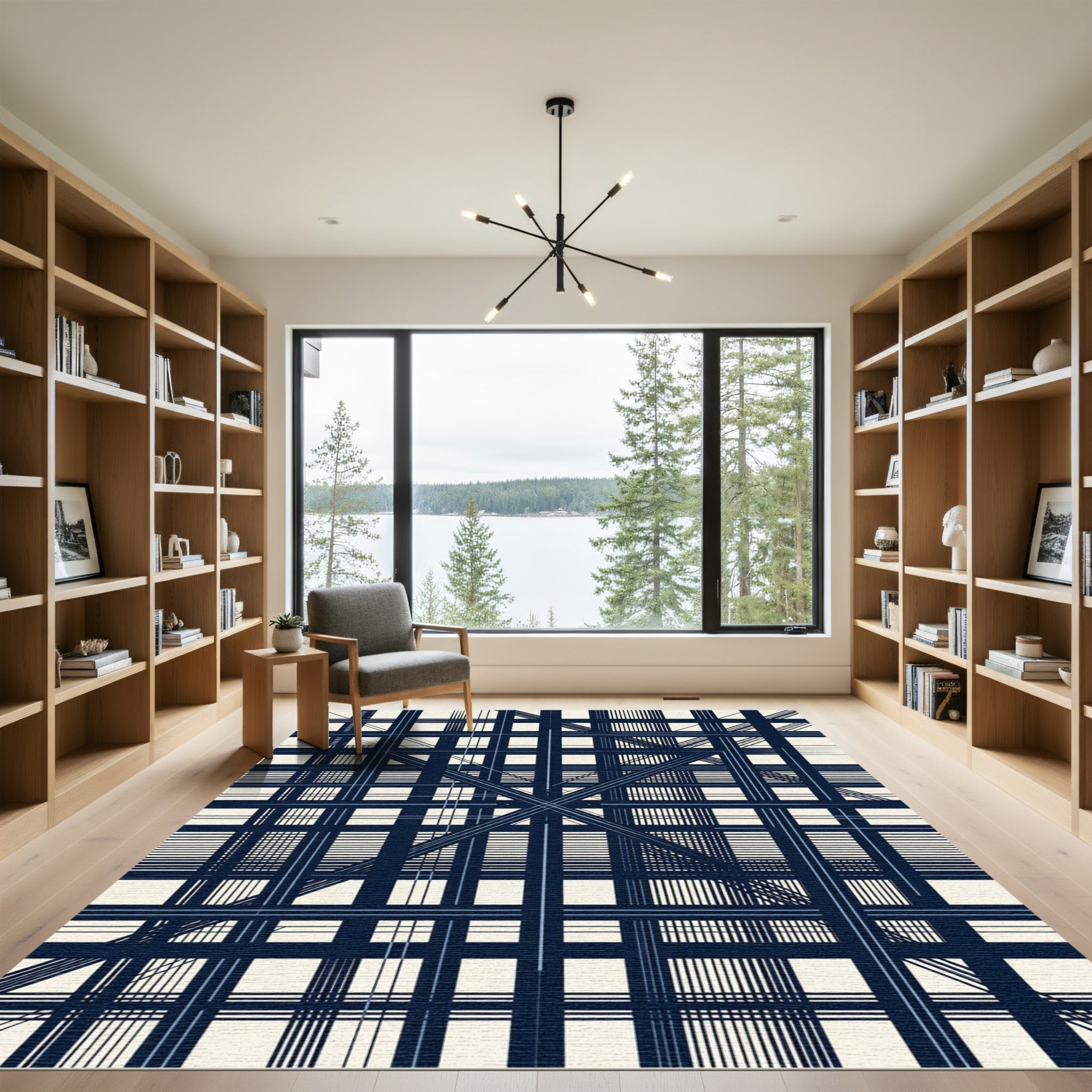 Navy Linear Geometric Abstract Grid Rug