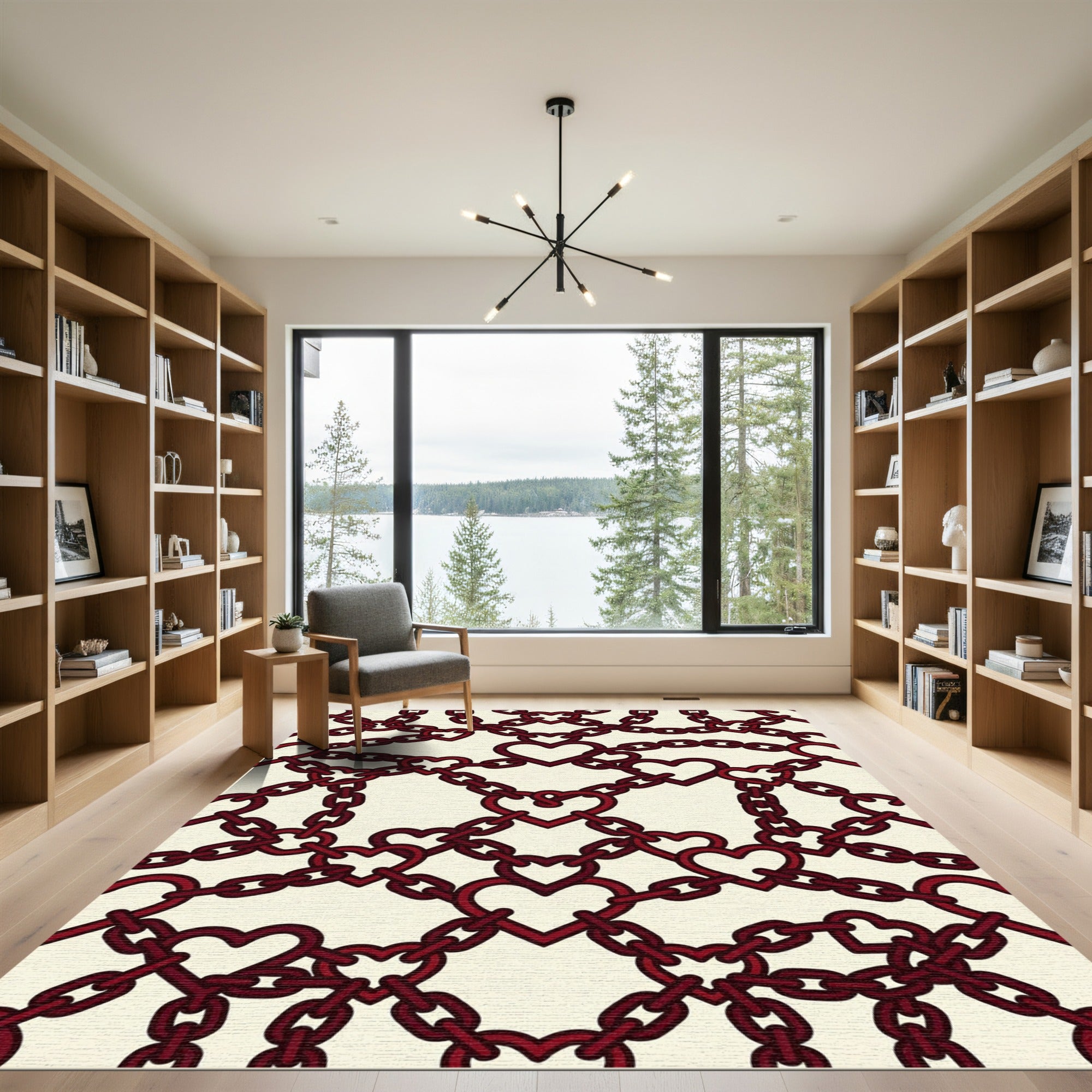 Dark Crimson Interlocking Heart Chain Rug
