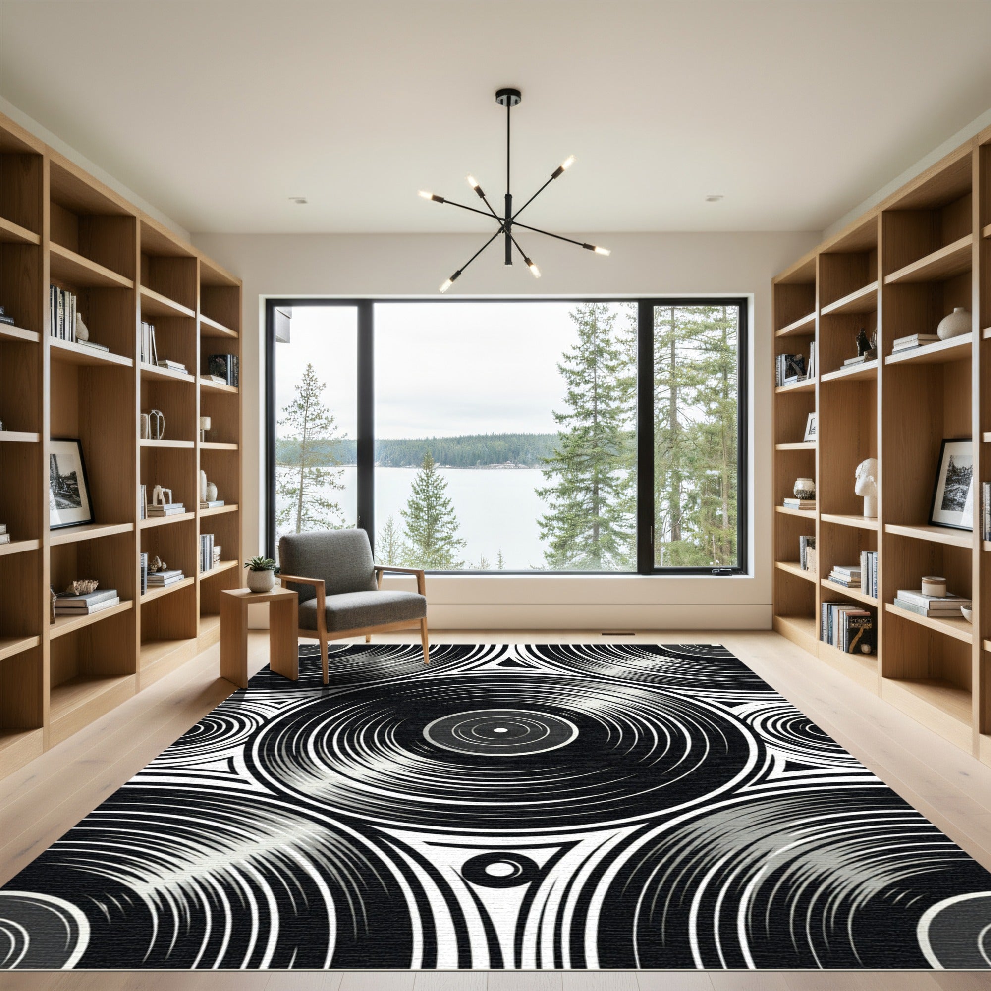 Monochrome Vinyl Record Geometric Art Rug