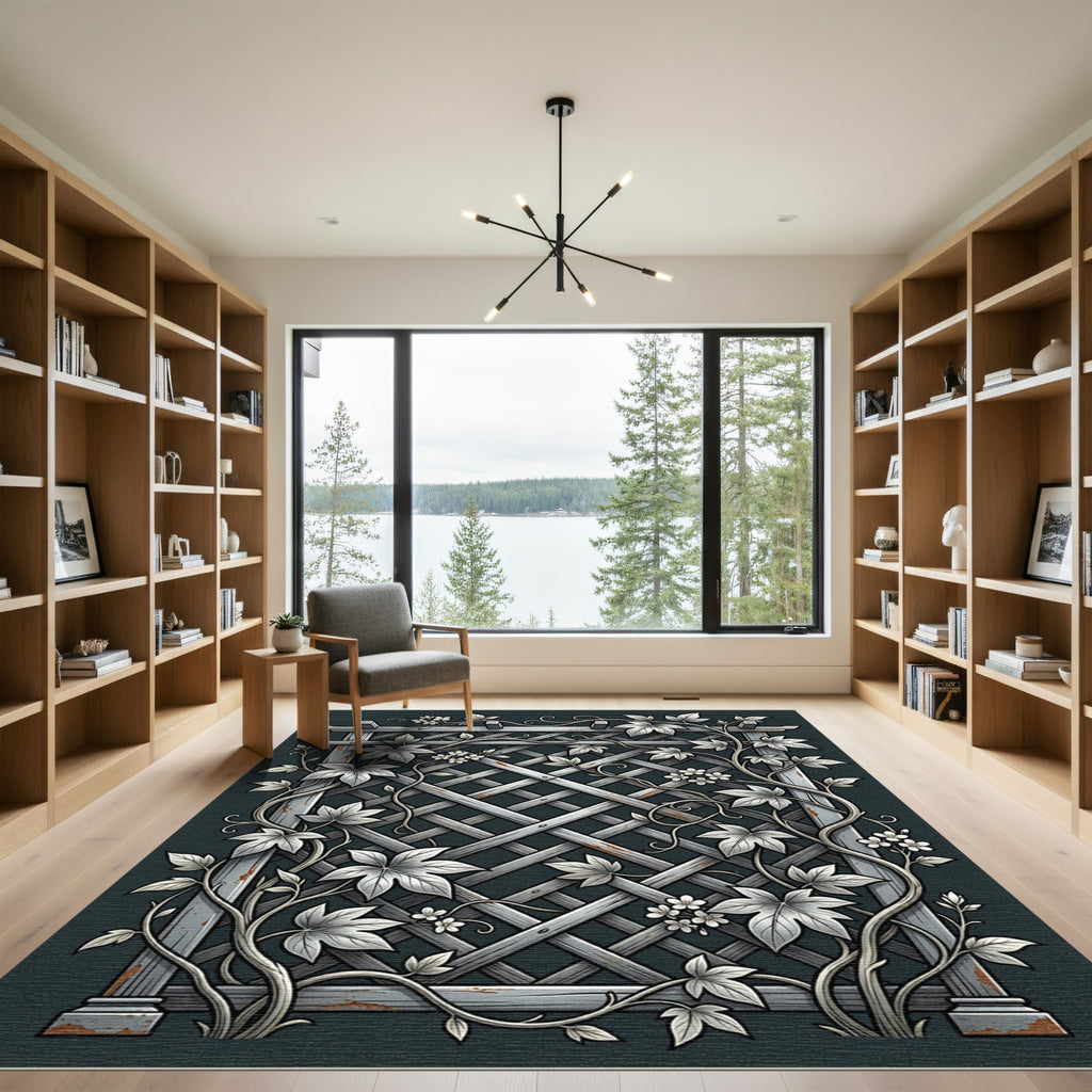 Gray Wood Lattice Floral Vine Rug