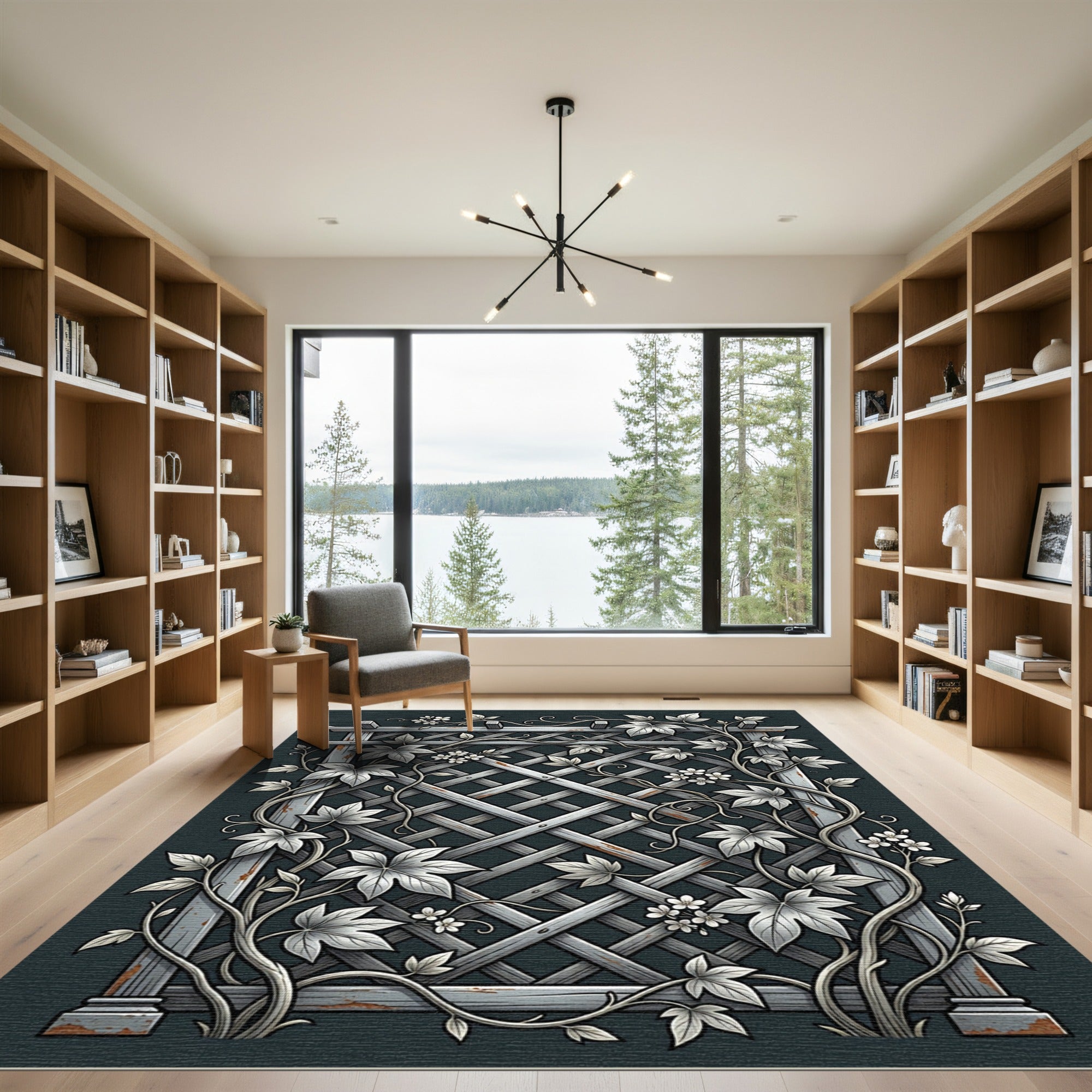 Gray Wood Lattice Floral Vine Rug