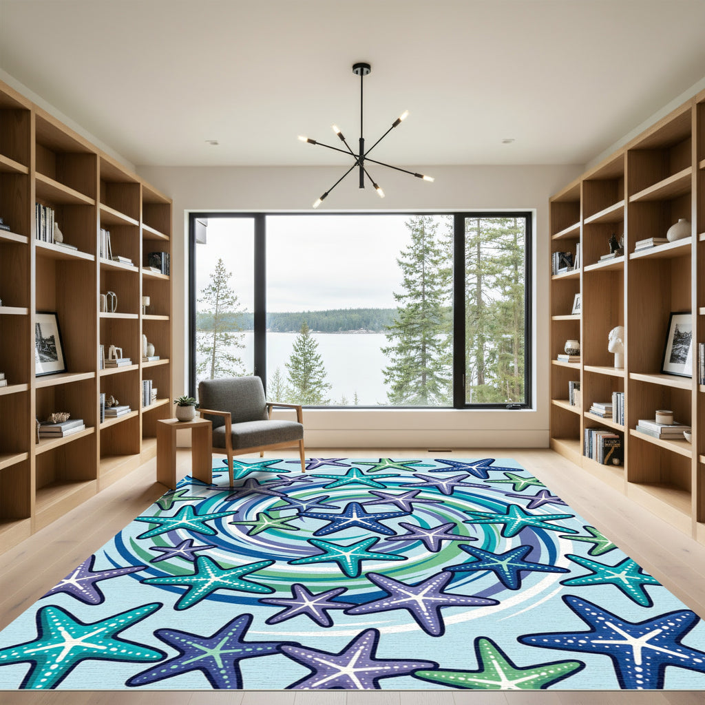 Coastal Teal Purple Starfish Swirl Rug