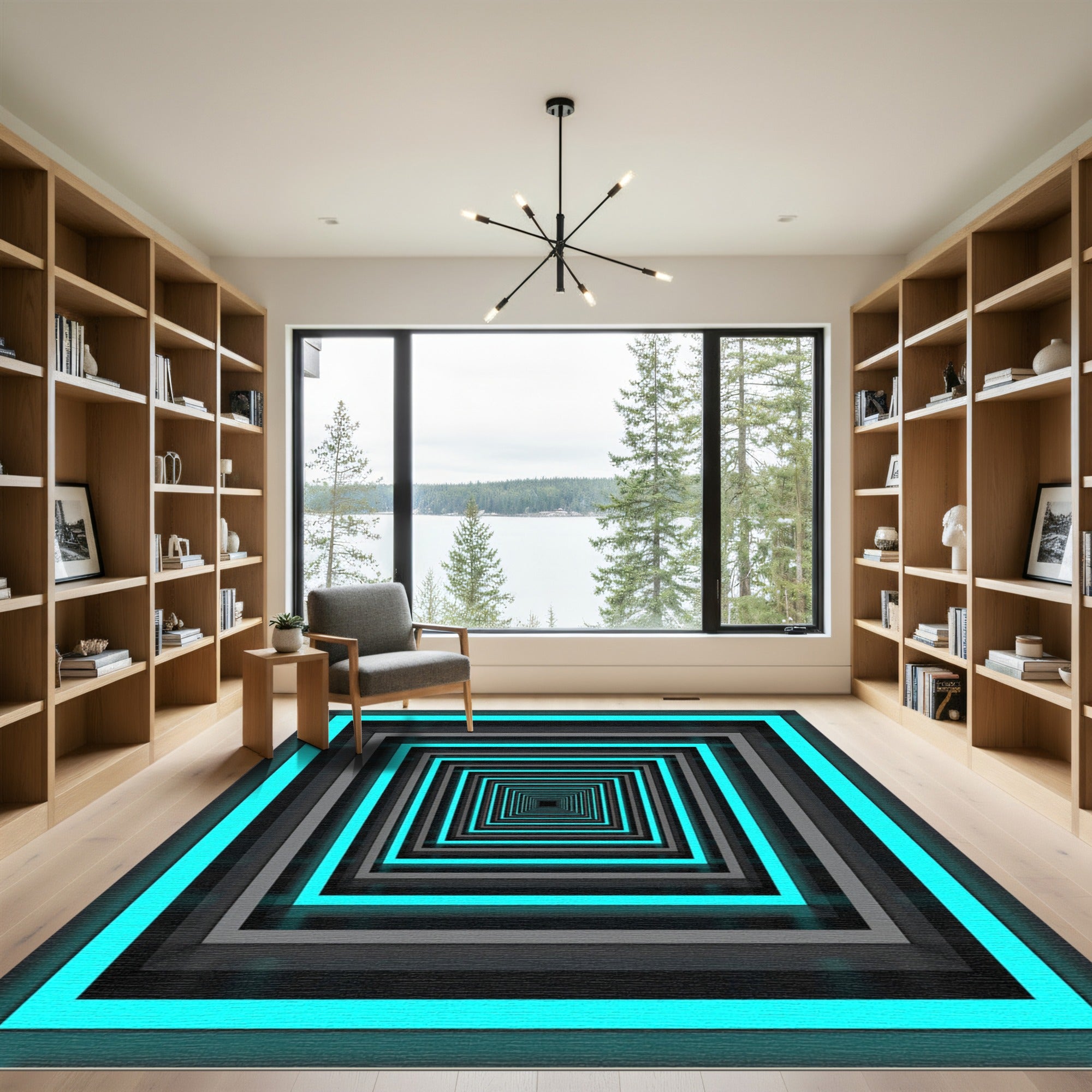 Neon Cyan Geometric Tunnel Illusion Rug