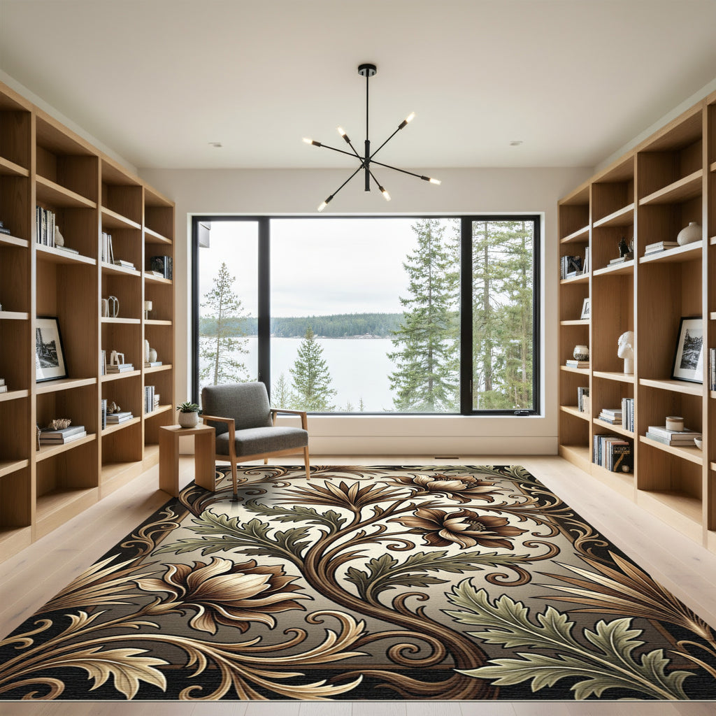 Antique Sepia Floral Scroll Vine Rug