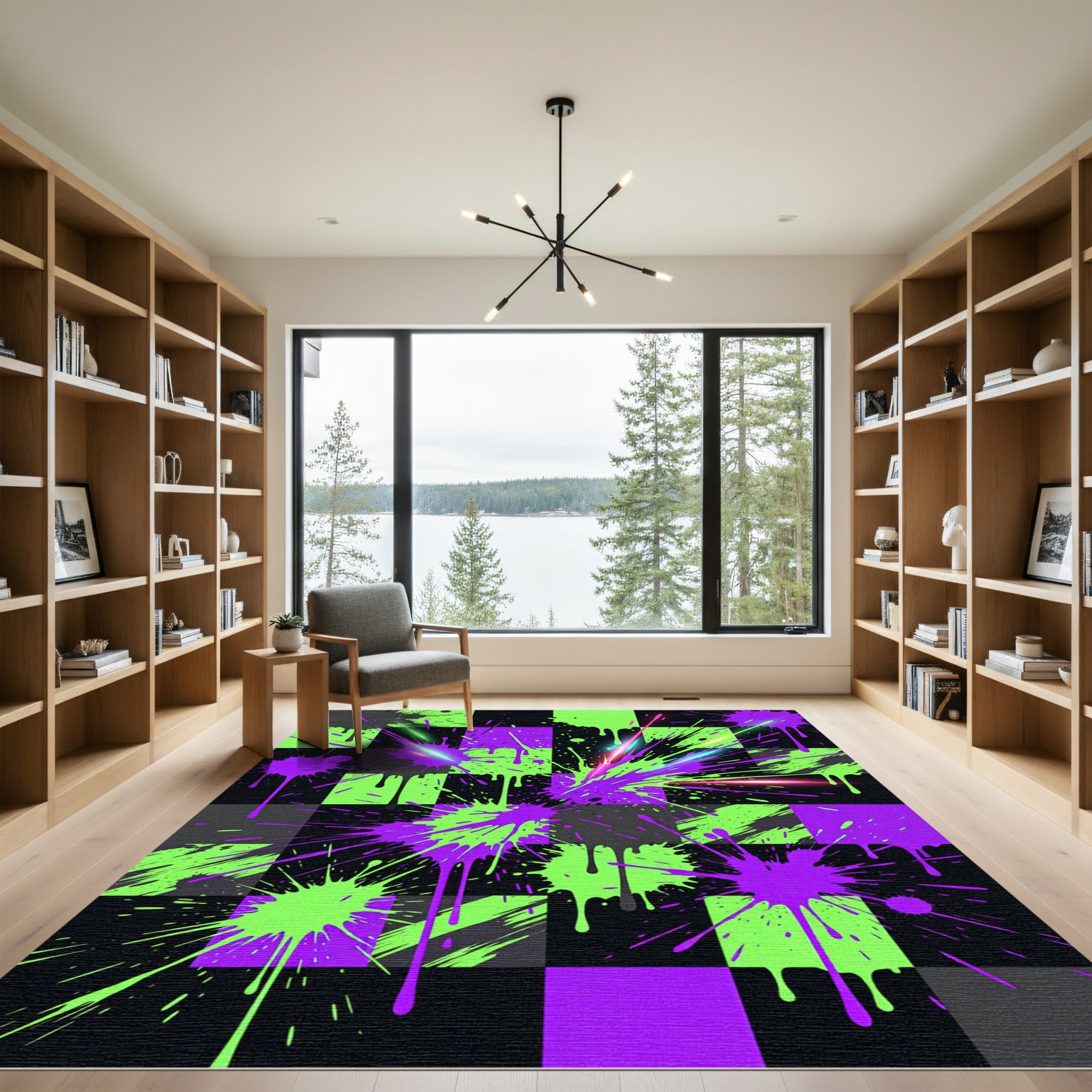 Neon Green Purple Abstract Paint Splatter Rug
