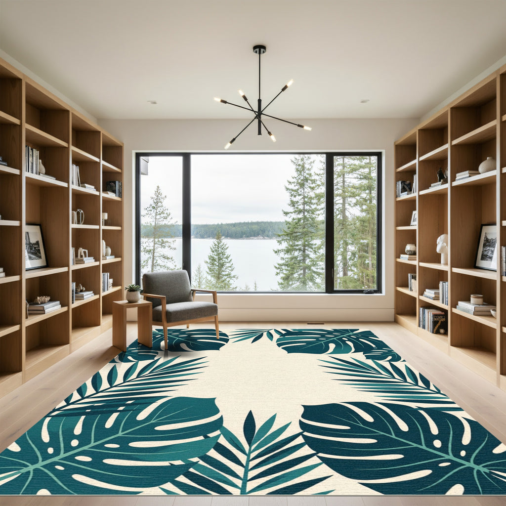 Lush Teal Botanical Tropical Foliage Rug
