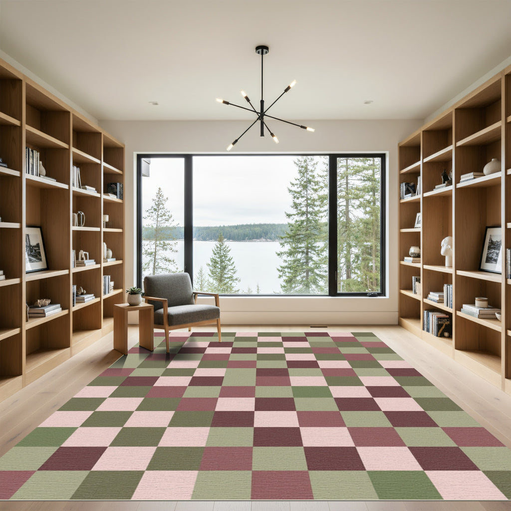 Muted Sage Rose Checkerboard Squares Rug