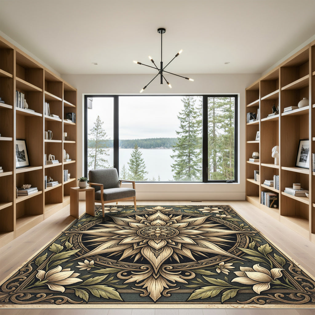 Golden Floral Medallion Leaf Frame Rug