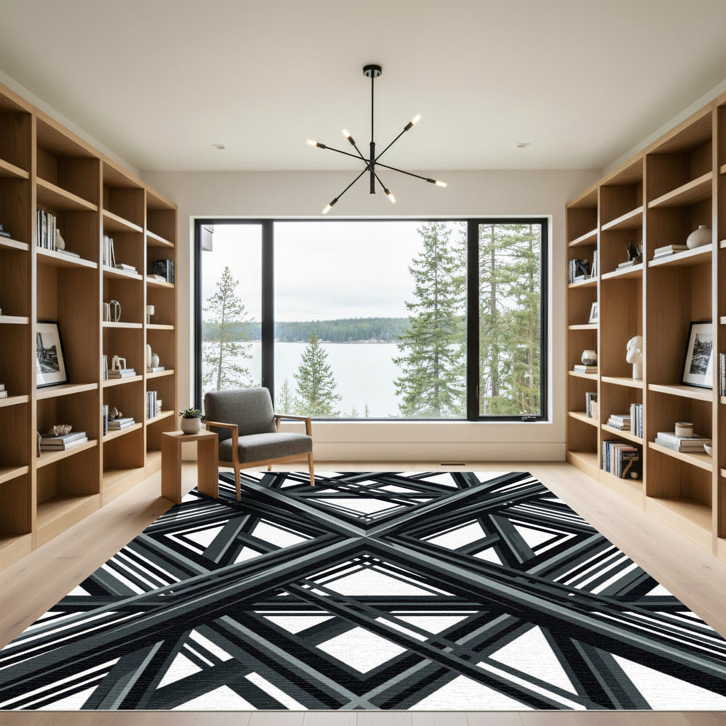 Modern Geometric Charcoal Intersecting Linear Rug