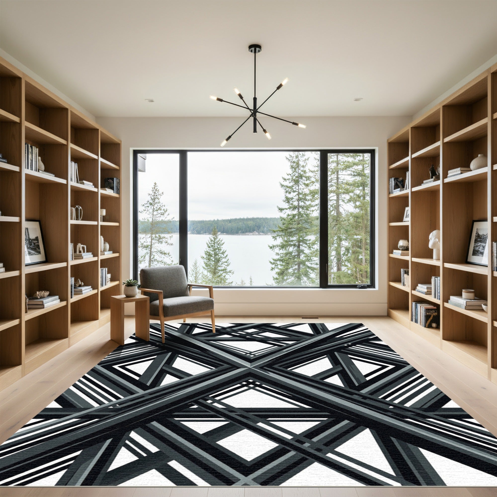 Modern Geometric Charcoal Intersecting Linear Rug