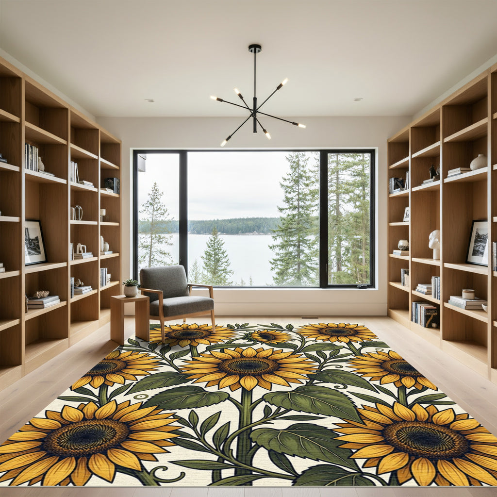 Golden Sunflower Meadow Botanical Illustration Rug