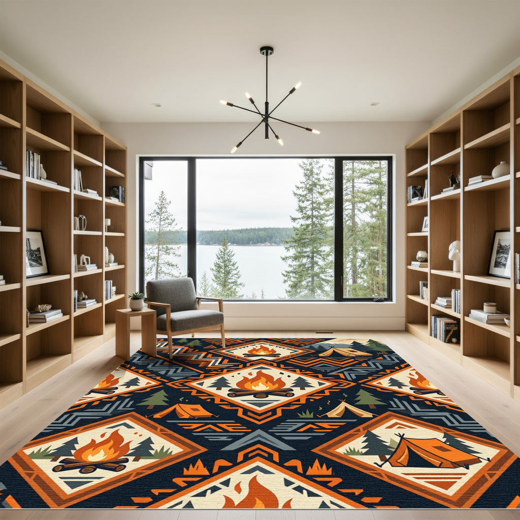 Geometric Camping Fireplace Diamond Forest Rug