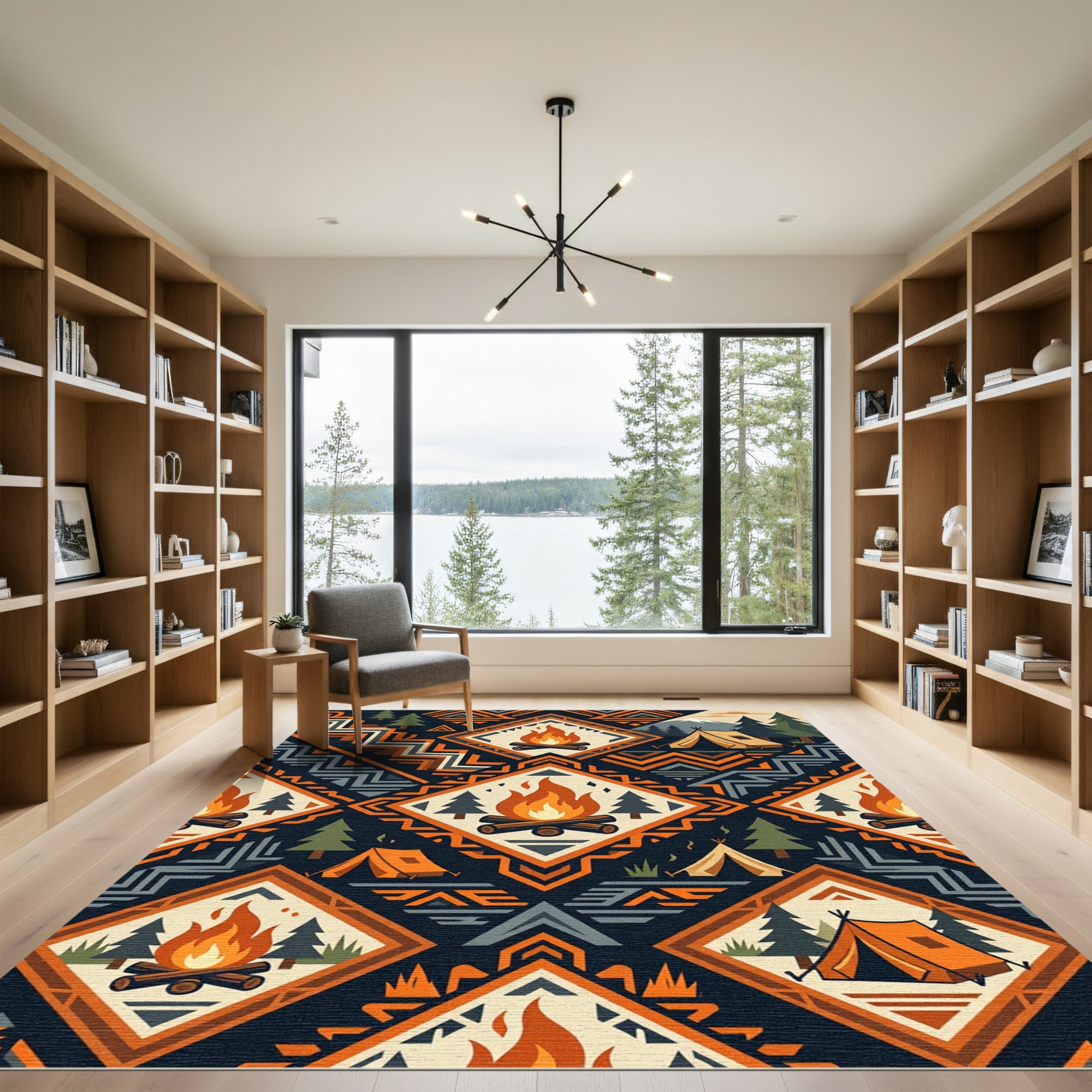Geometric Camping Fireplace Diamond Forest Rug