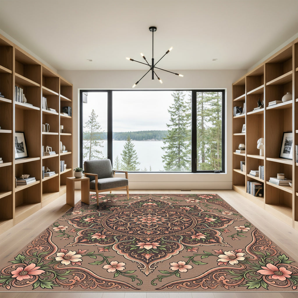 Vintage Peach Floral Medallion Garden Rug
