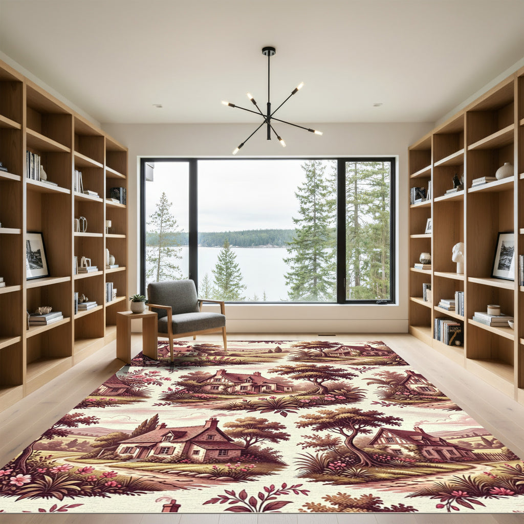 English Countryside Floral Cottage Scene Rug
