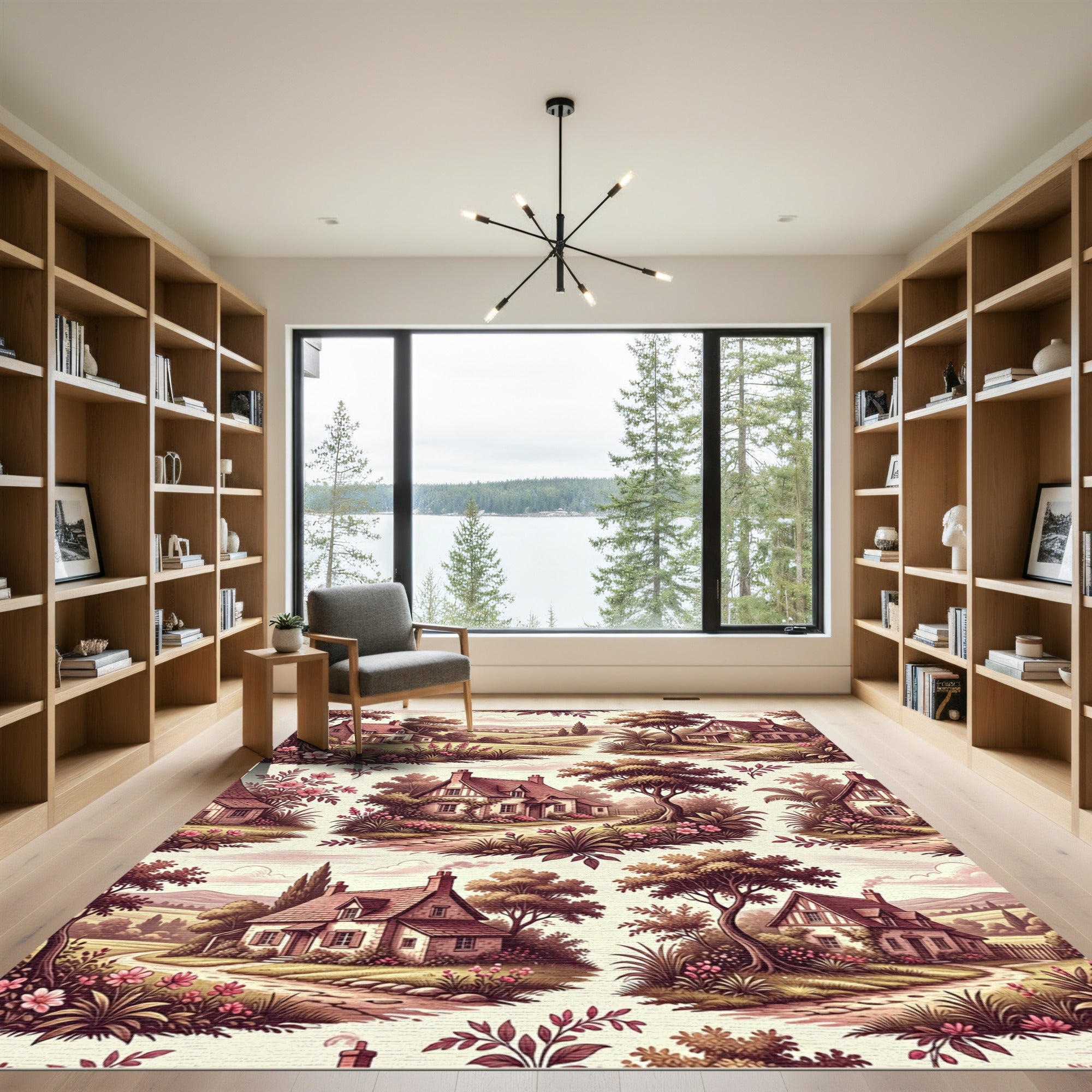 English Countryside Floral Cottage Scene Rug