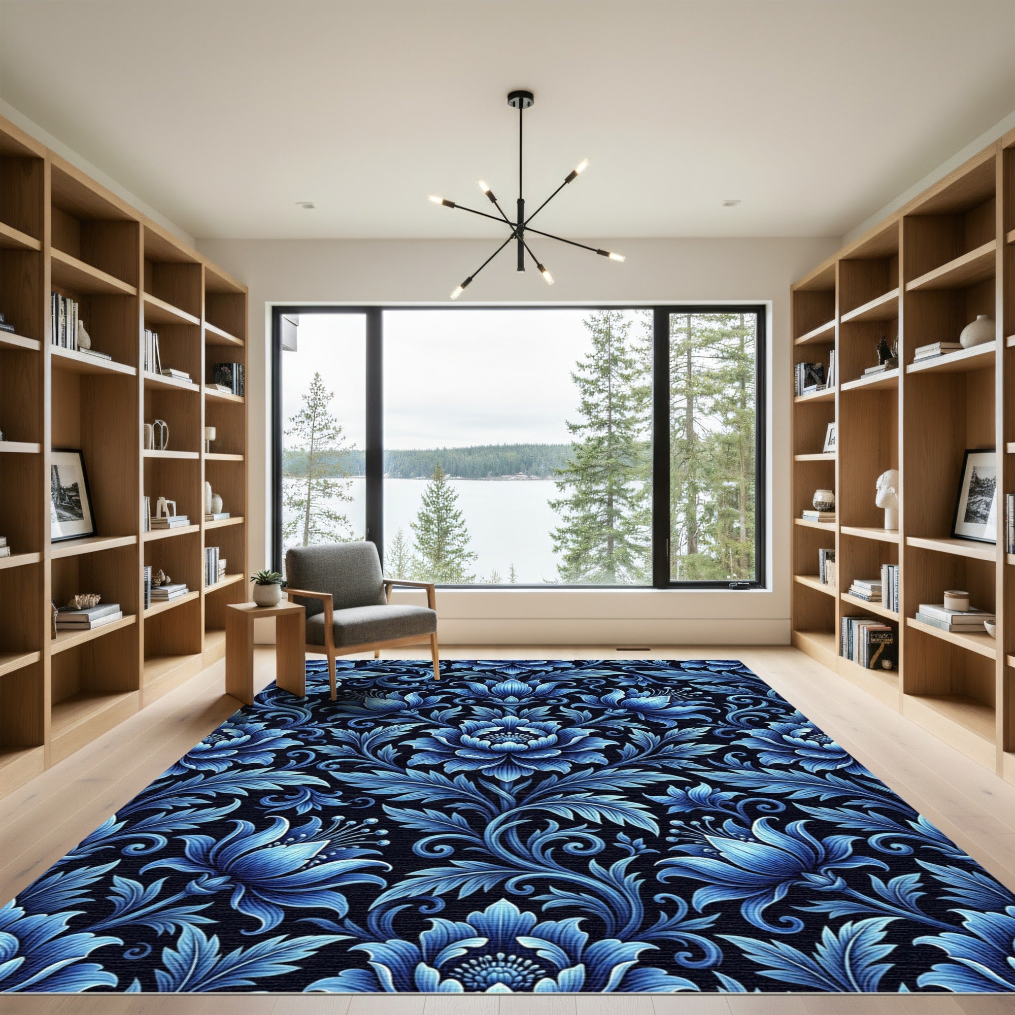 Deep Blue Floral Art Nouveau Rug