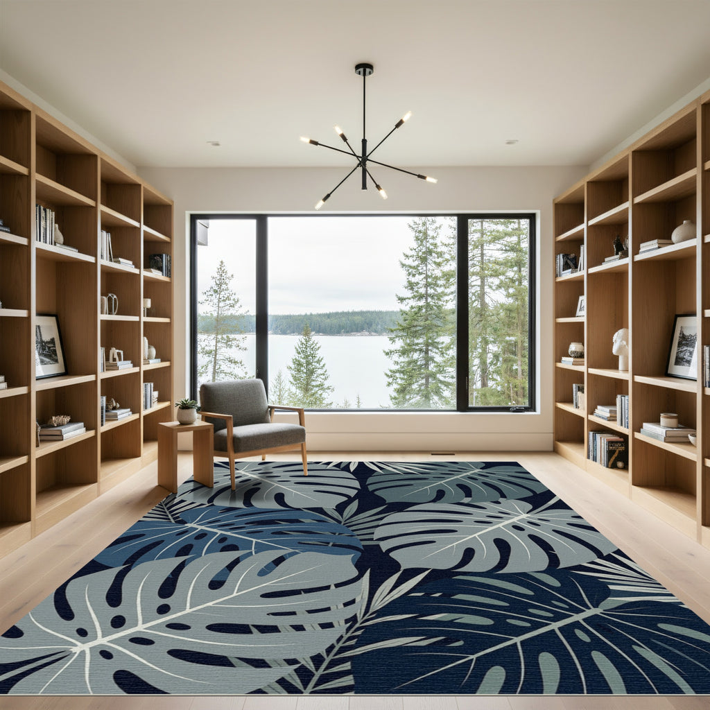 Tropical Monstera Leaf Navy Foliage Rug