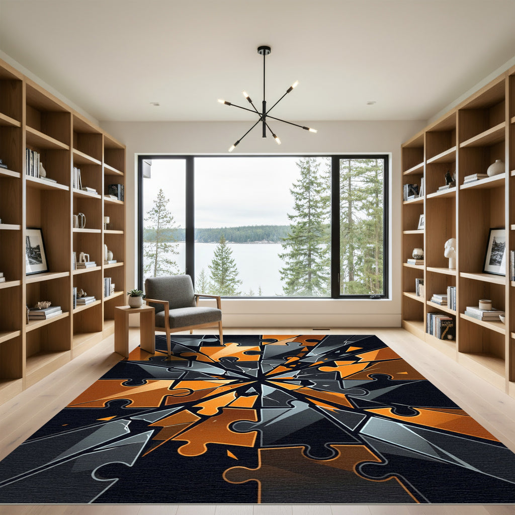 Abstract Orange and Black Shattered Puzzle Rug