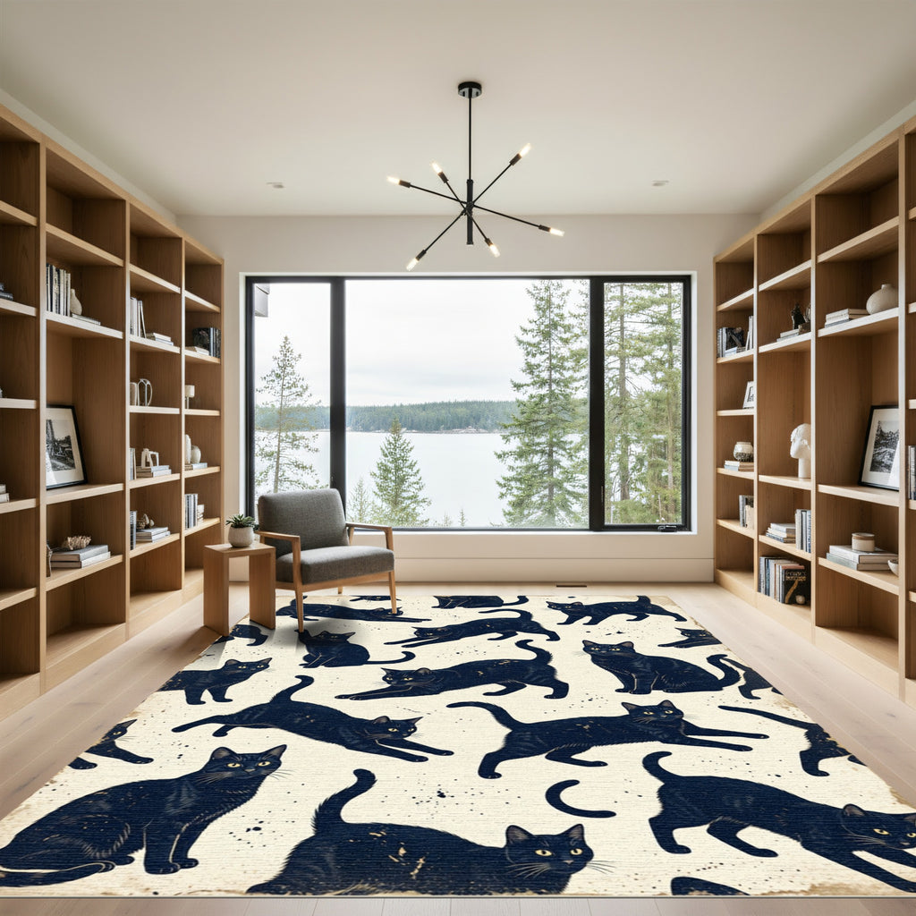 Whimsical Midnight Black Cat Illustration Rug