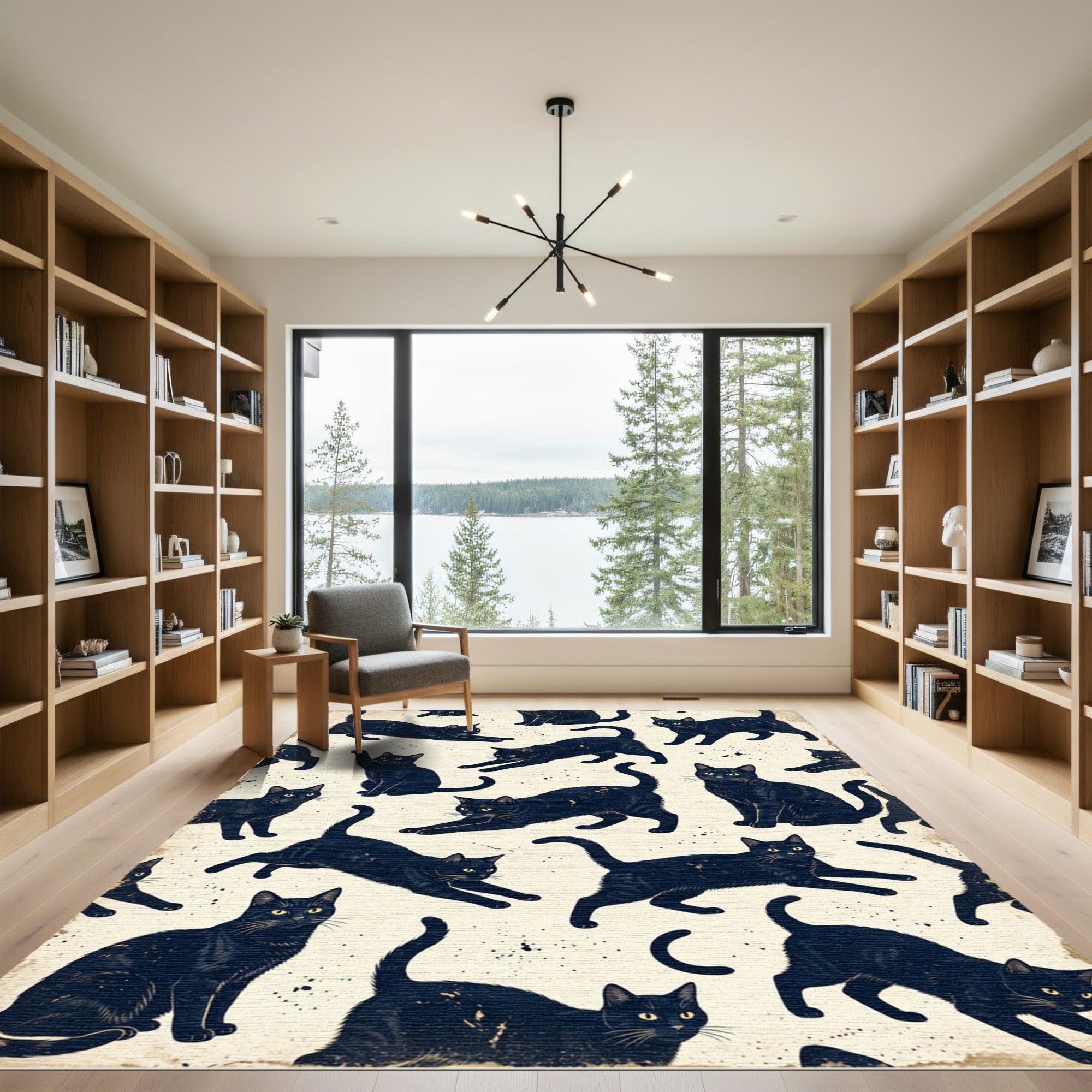 Whimsical Midnight Black Cat Illustration Rug