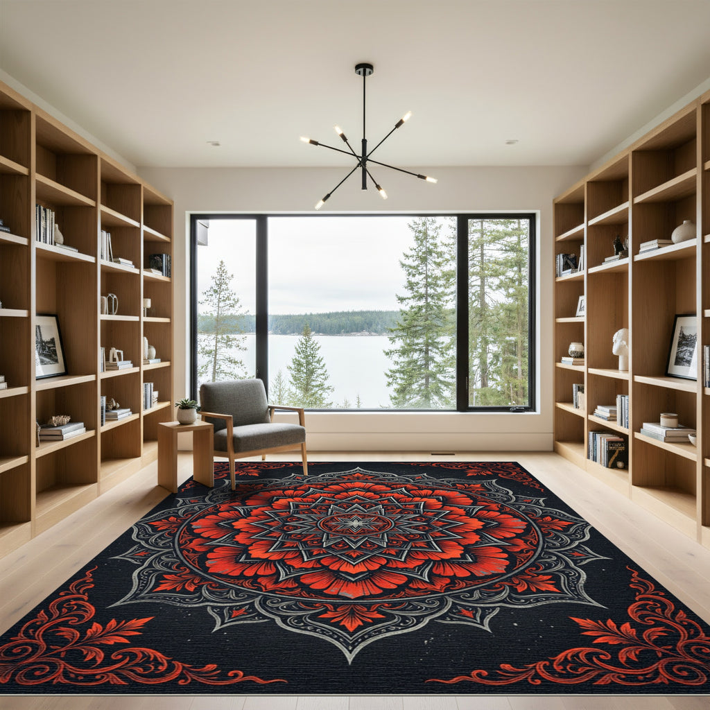 Crimson Botanical Mandalas on Charcoal Round Rug