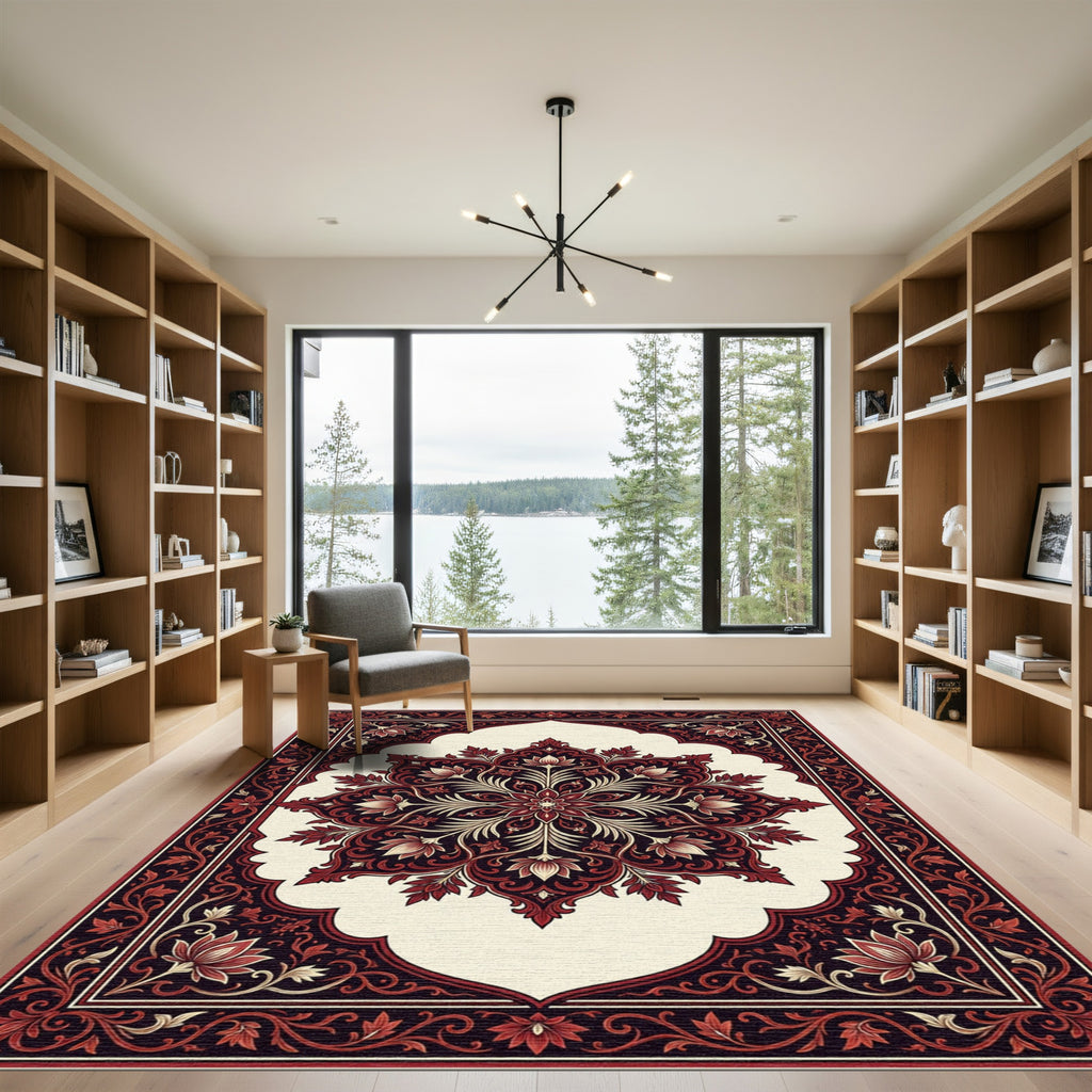 Elegant Crimson Floral Medallion Ivory Background Rug