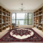 Elegant Crimson Floral Medallion Ivory Background Rug