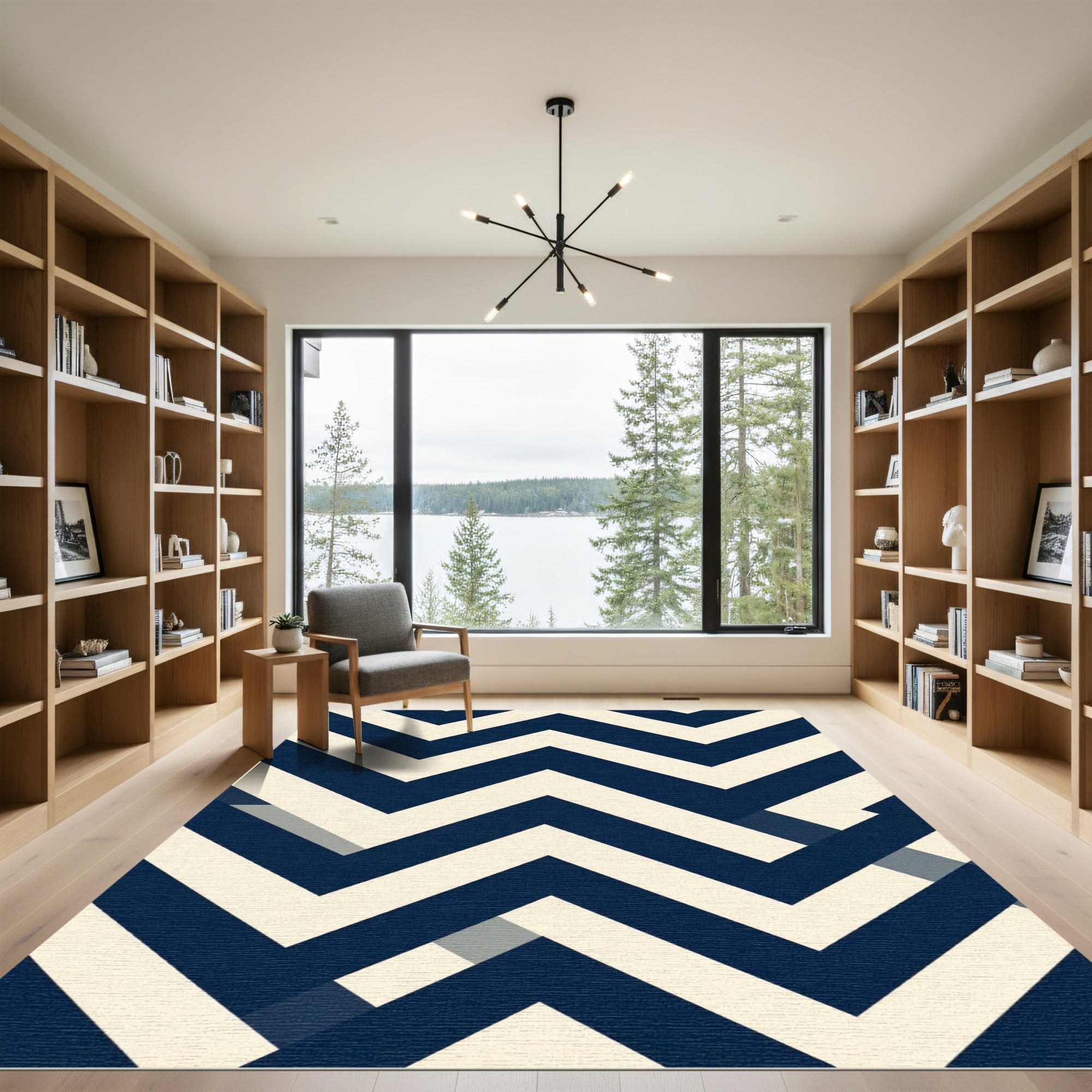 Navy and Cream Geometric Chevron Rug