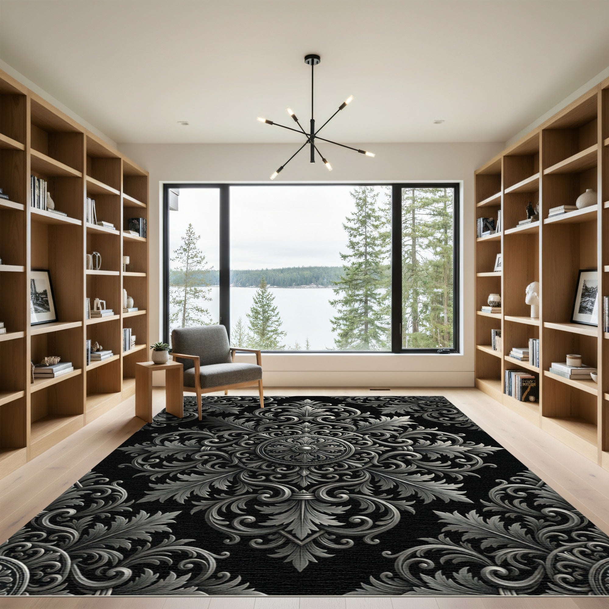 Ornate Silver Baroque Damask Medallion Rug