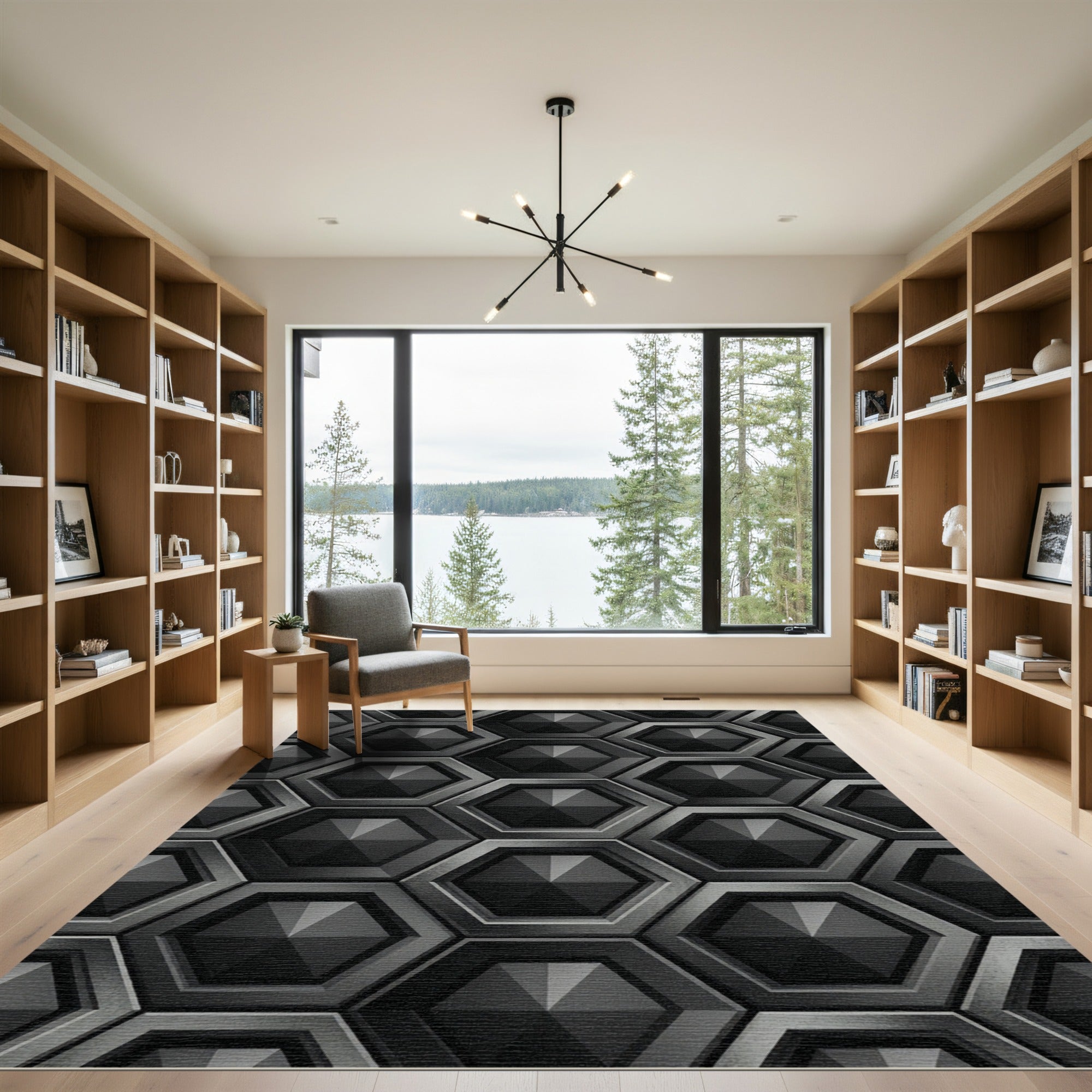 Sophisticated Charcoal Geometric Hexagon Rug