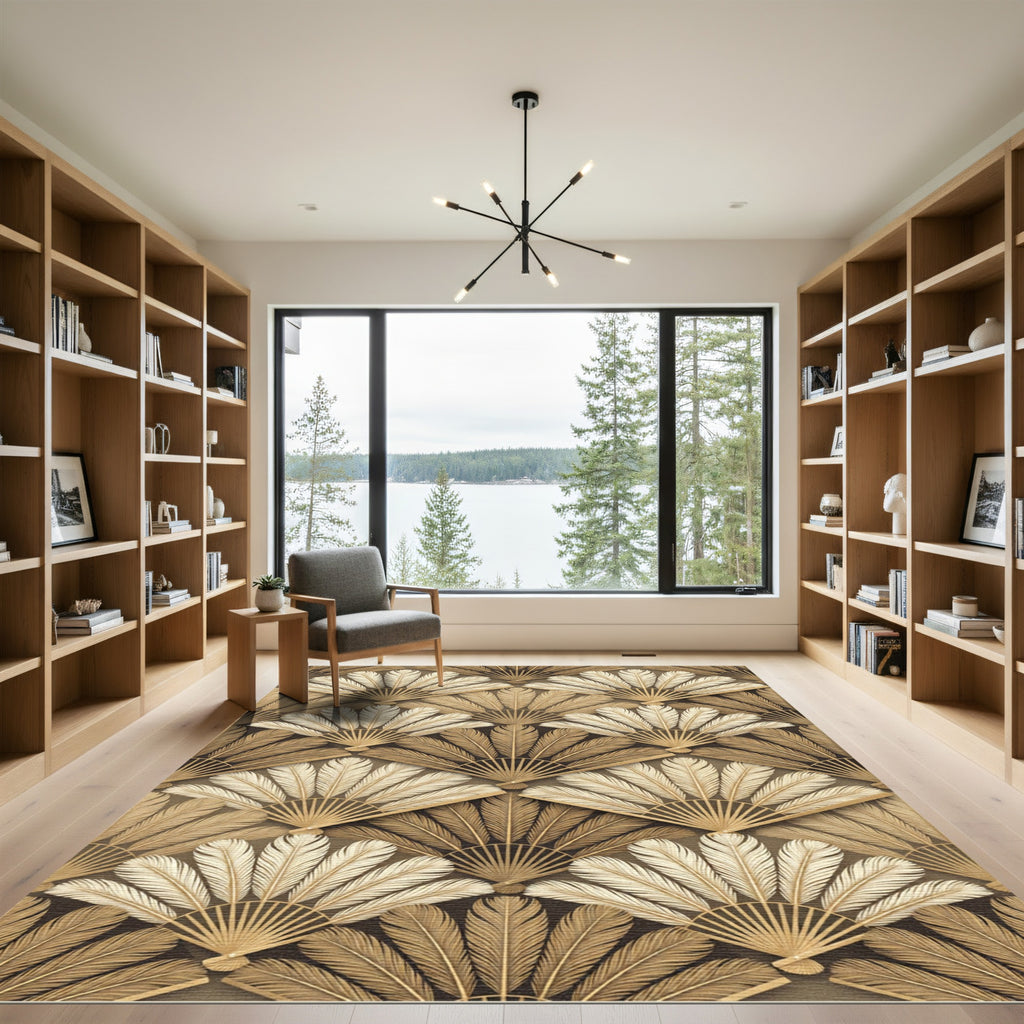Elegant Golden Fan Feather Art Deco Rug