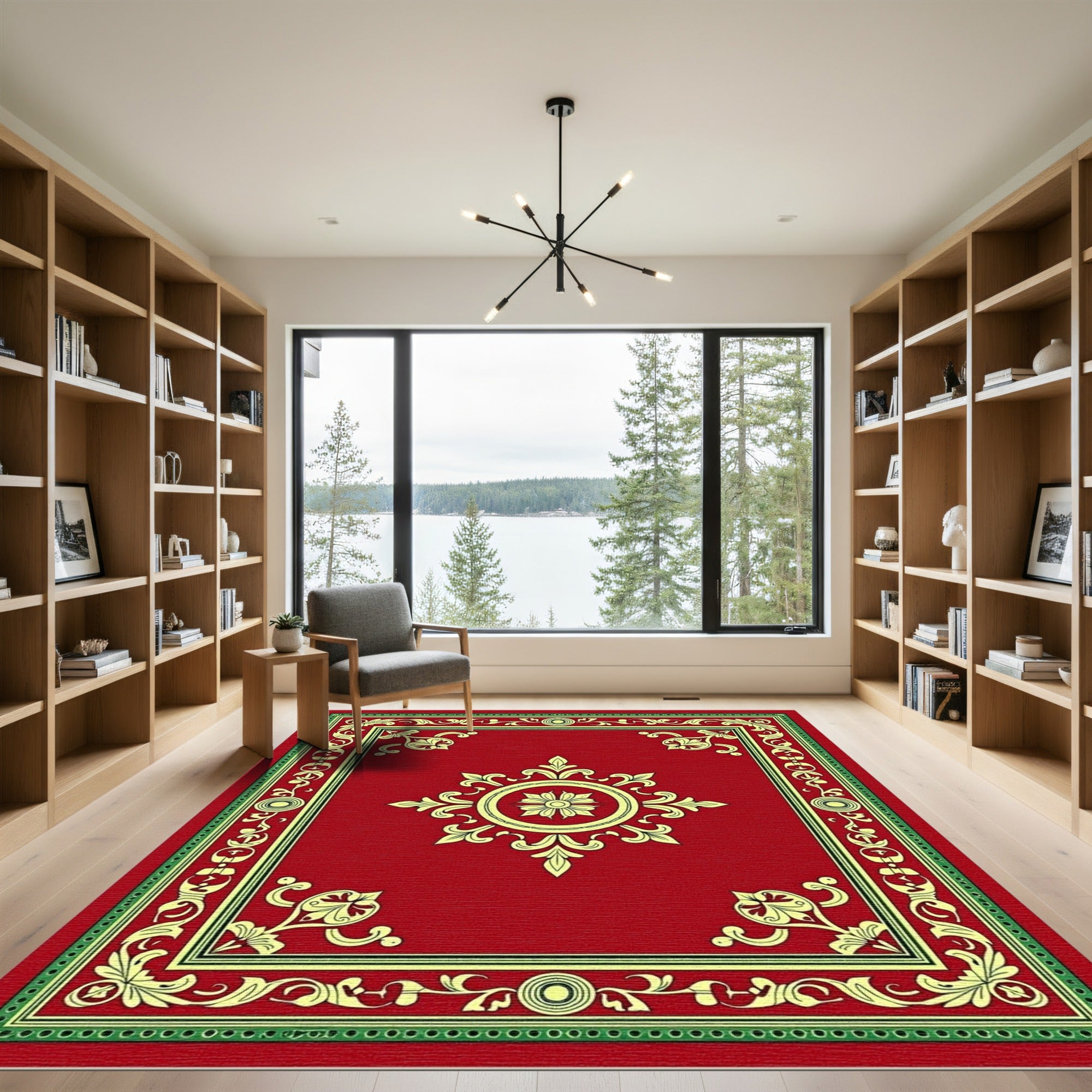 Rich Red Golden Floral Medallion Rug