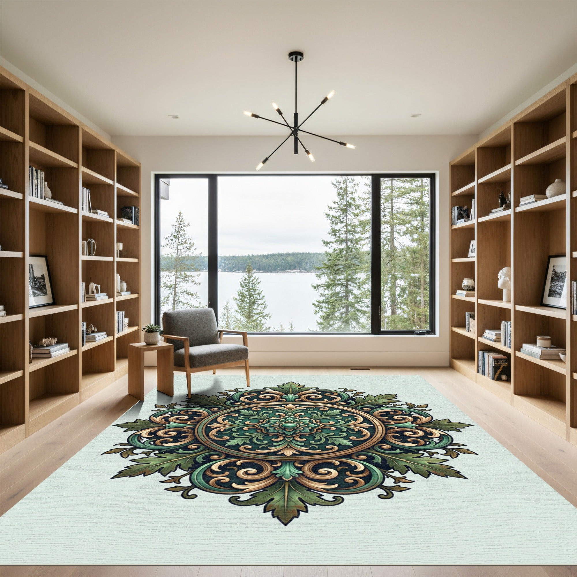 Ornate Sage Green Filigree Medallion Rug