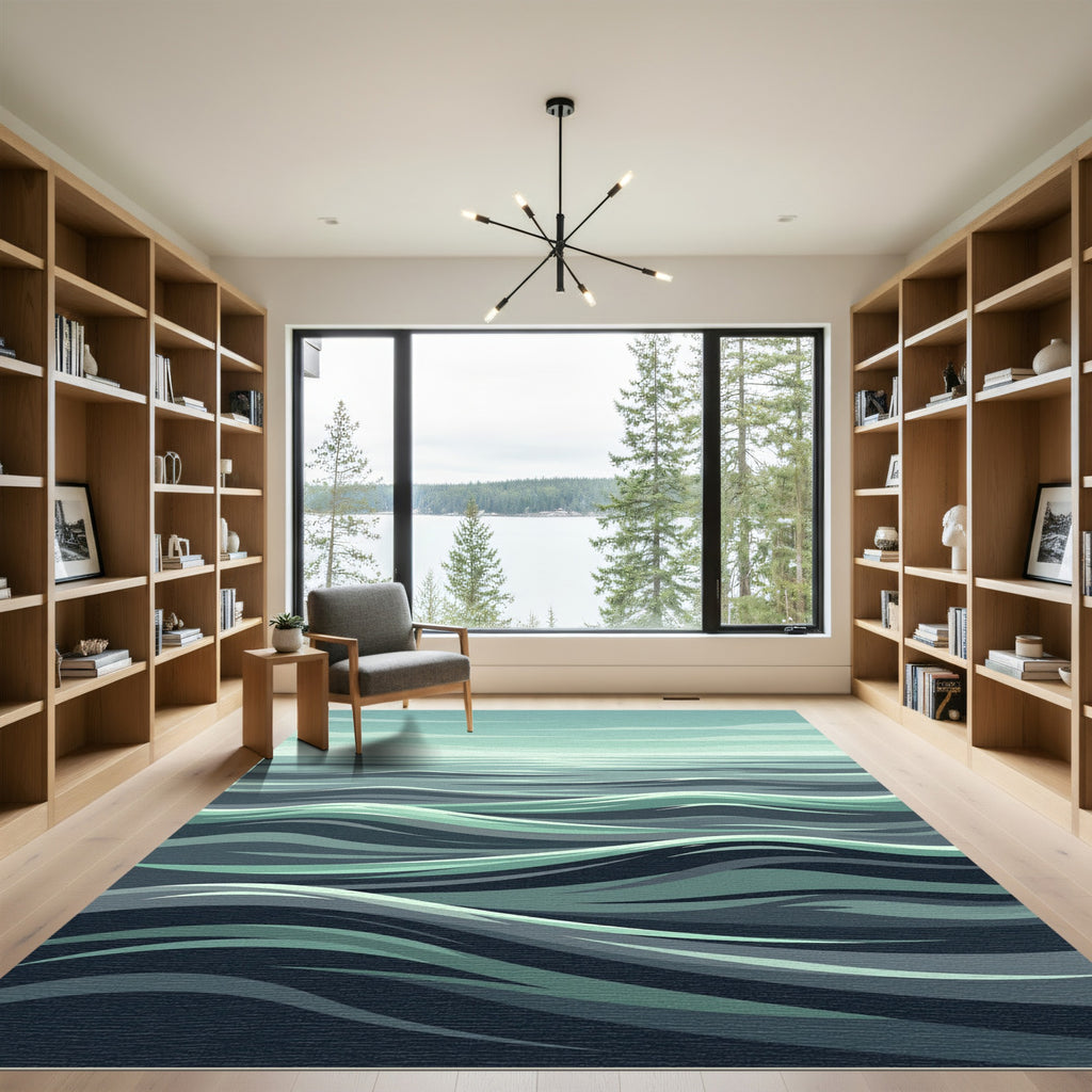 Minimalist Sage and Navy Ocean Wave Rug