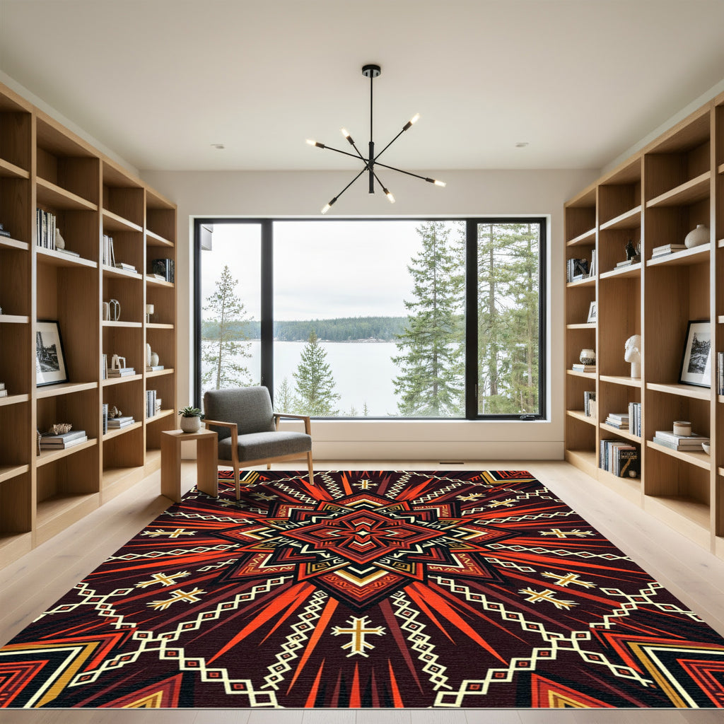 Geometric Crimson Tribal Cross Medallion Rug