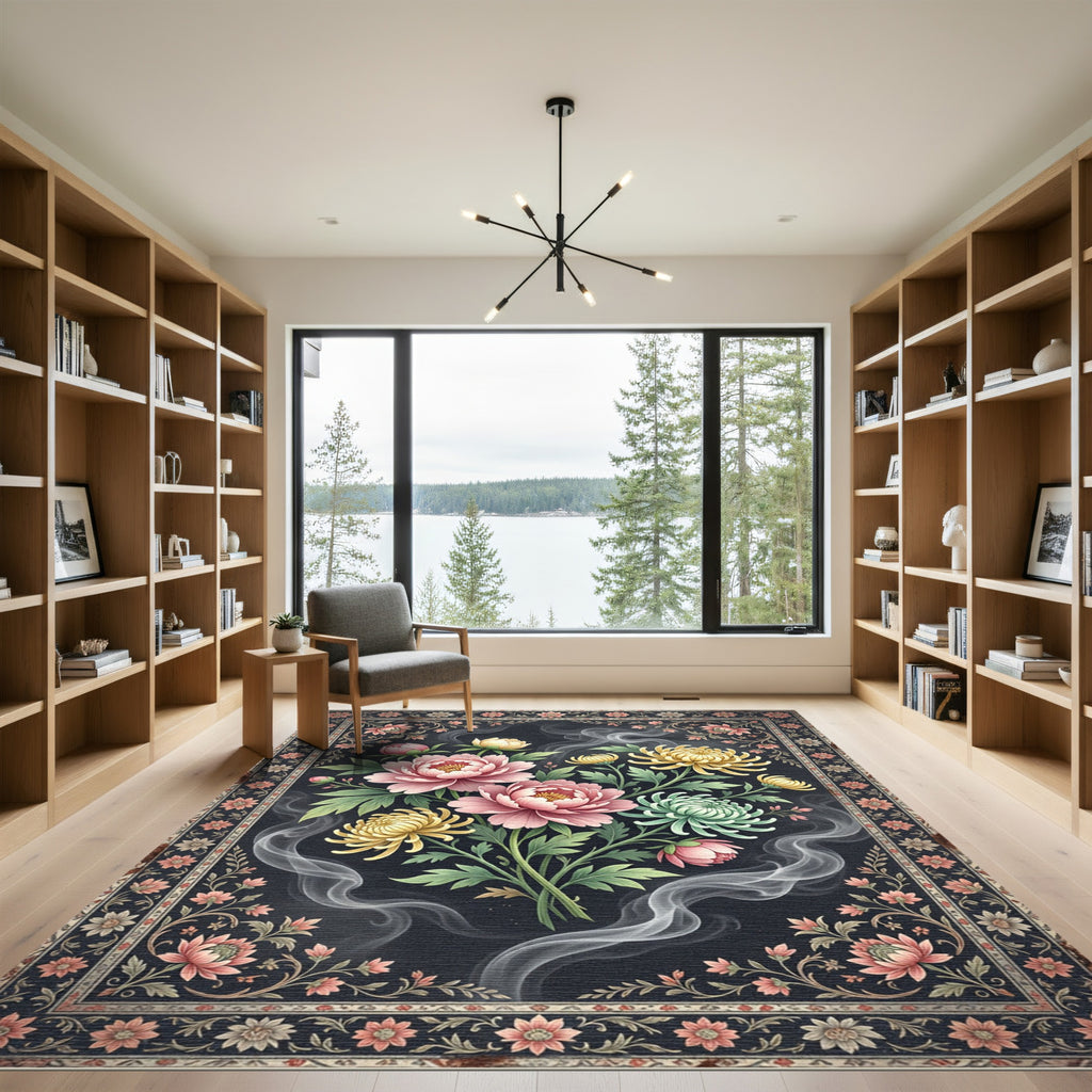 Ethereal Pink Peony and Golden Chrysanthemum Rug