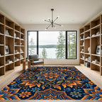Deep Blue Orange Floral Medallion Rug