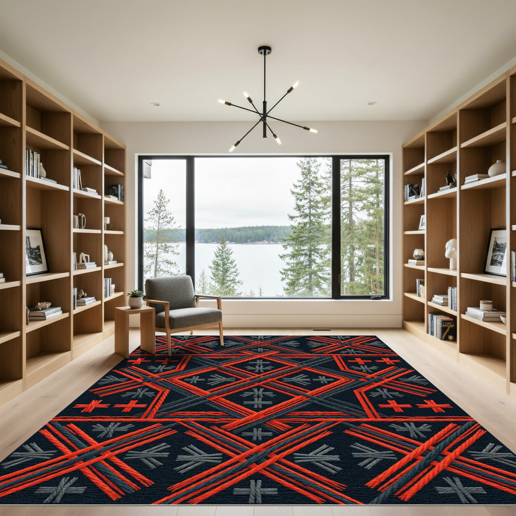 Bold Black Red Geometric Rope Weave Rug