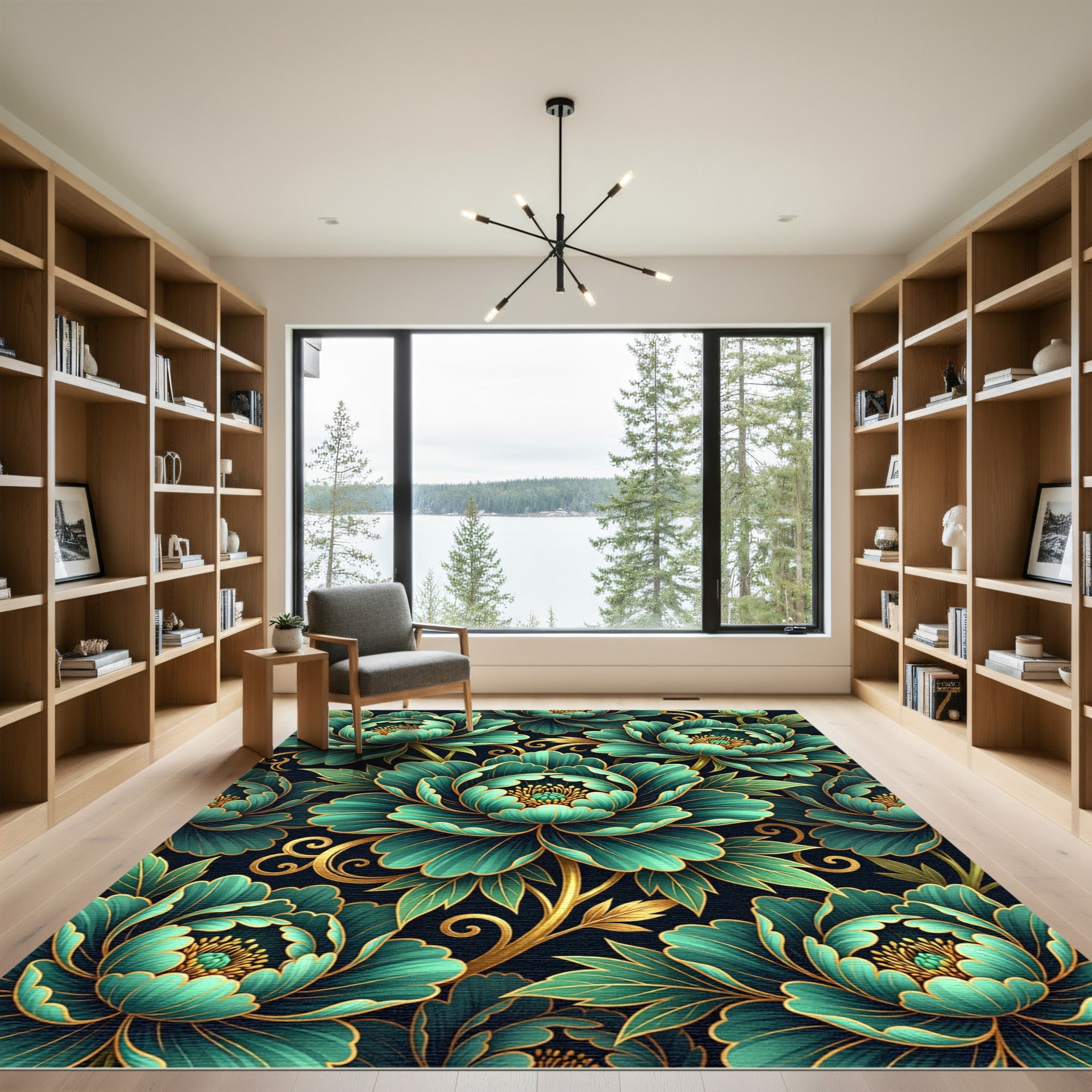 Emerald Green Gold Floral Swirl Rug
