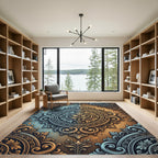 Ornate Teal Gold Filigree Scroll Rug