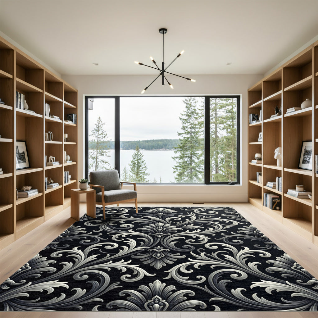 Elegant Graphite Silver Baroque Scroll Rug