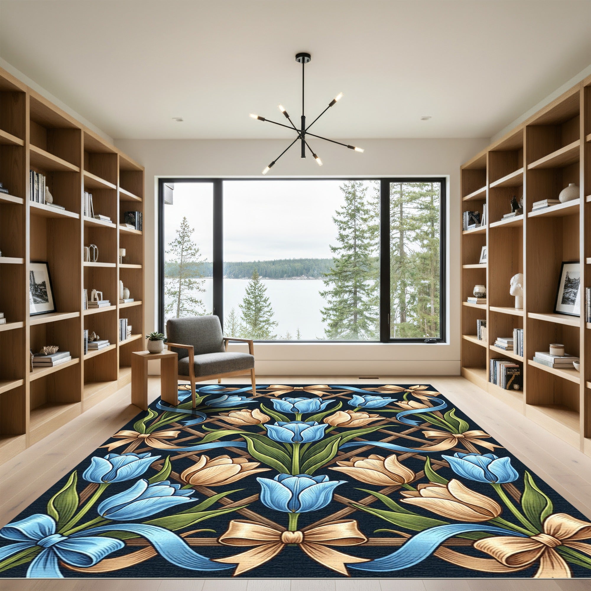 Blue and Cream Tulip Lattice Bows Rug