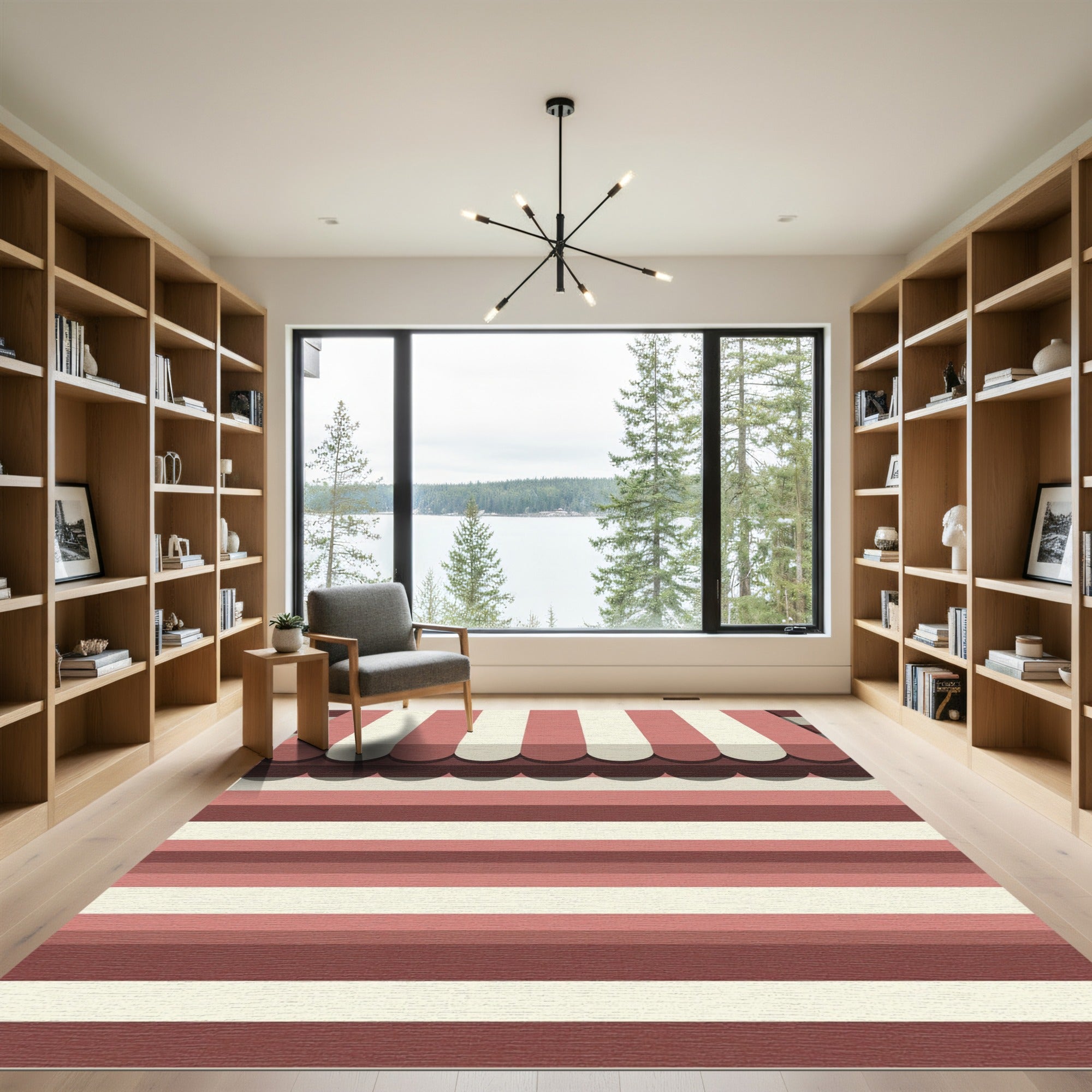 Crimson Striped Scalloped Awning Rug