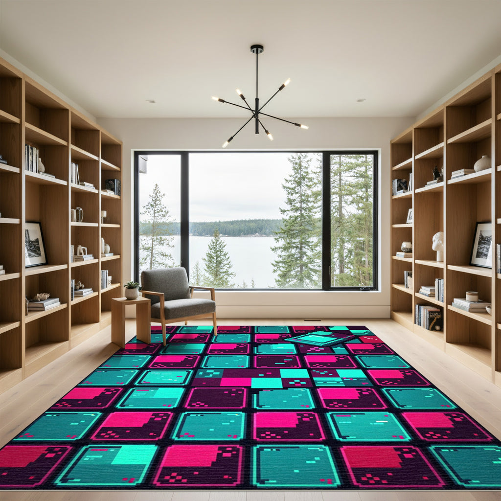 Neon Pixel Art Cyberpunk Grid Rug