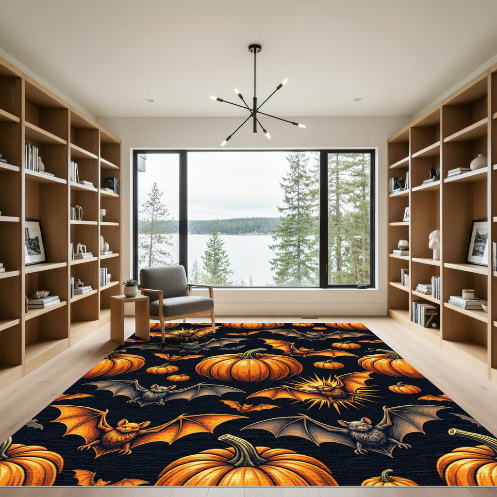 Spooky Halloween Bats and Orange Pumpkins Rug