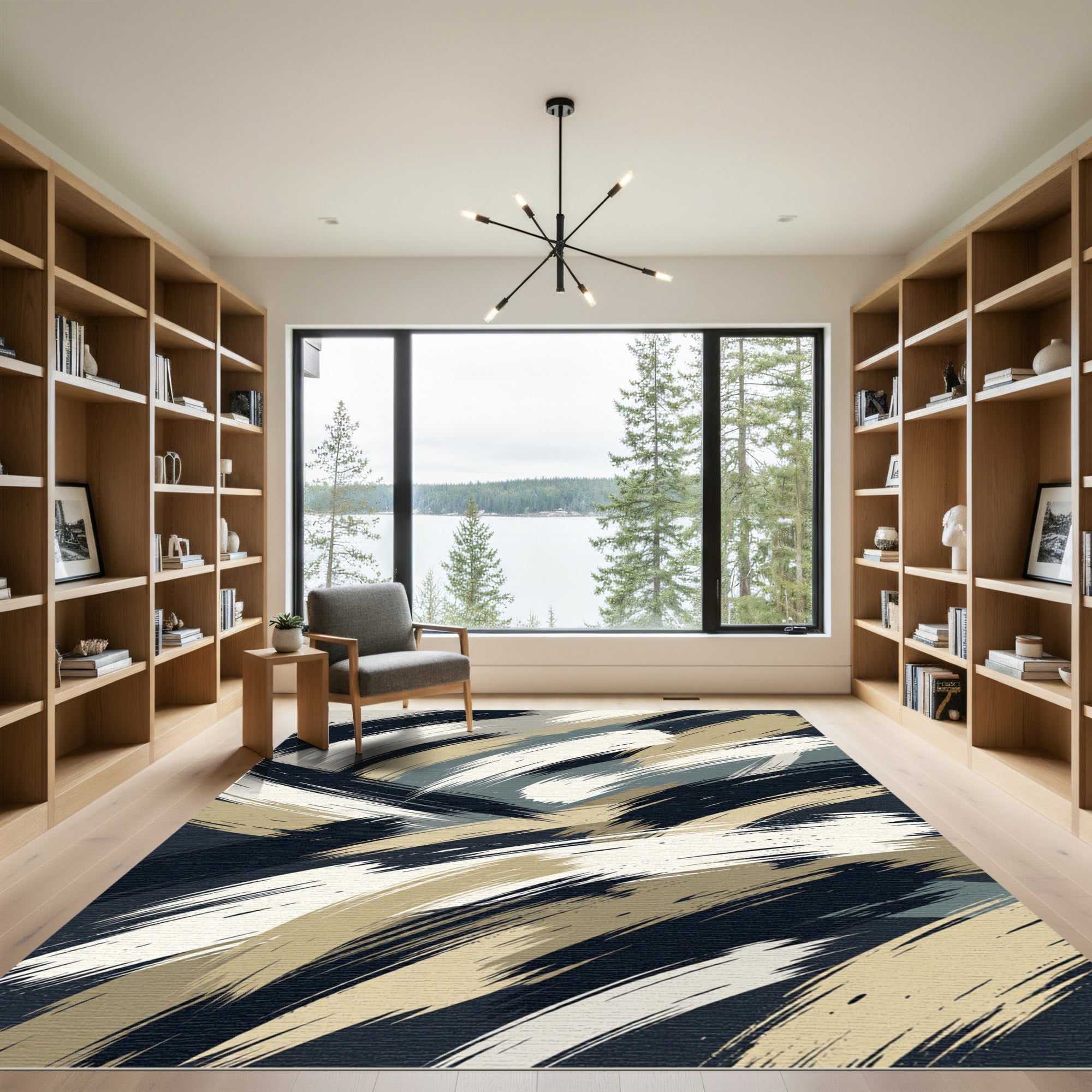 Abstract Navy Beige Charcoal Brush Stroke Rug